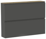 Moderner Hängeschuhschrank in dunklem Grau mit zwei Klappen und einer Holzoberfläche, seitliche Perspektive