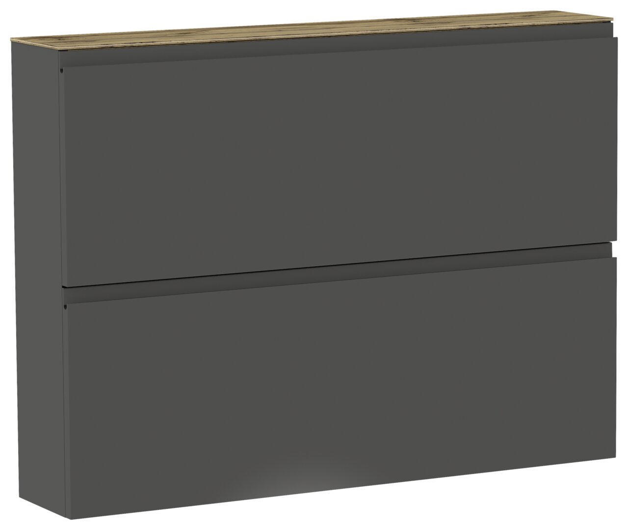 Moderner Hängeschuhschrank in dunklem Grau mit zwei Klappen und einer Holzoberfläche, seitliche Perspektive