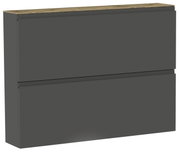 Moderner Hängeschuhschrank in dunklem Grau mit zwei Klappen und einer Holzoberfläche, seitliche Perspektive