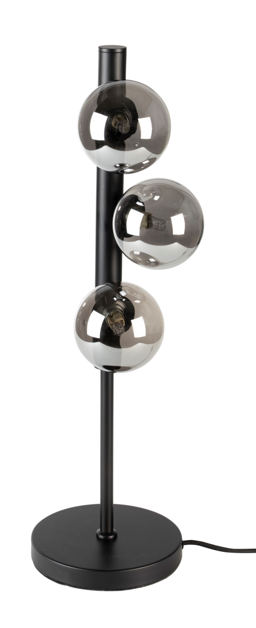 Z2 Tischleuchte MONICA Moderne Tischleuchte mit drei rauchgrauen Glaskugeln auf schwarzem Metallgestell, seitliche Perspektive