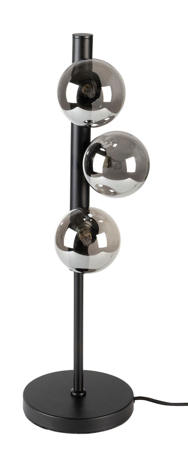 Z2 Tischleuchte MONICA Moderne Tischleuchte mit drei rauchgrauen Glaskugeln auf schwarzem Metallgestell, seitliche Perspektive
