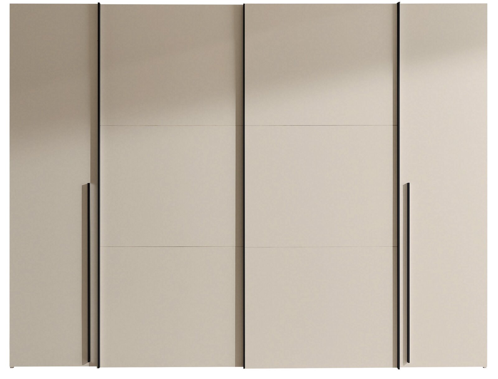 Großer, moderner Kleiderschrank in Beige mit glatten Fronten, schwarzen vertikalen Griffleisten und schmalen schwarzen Rahmenlinien, frontal von vorne aufgenommen.