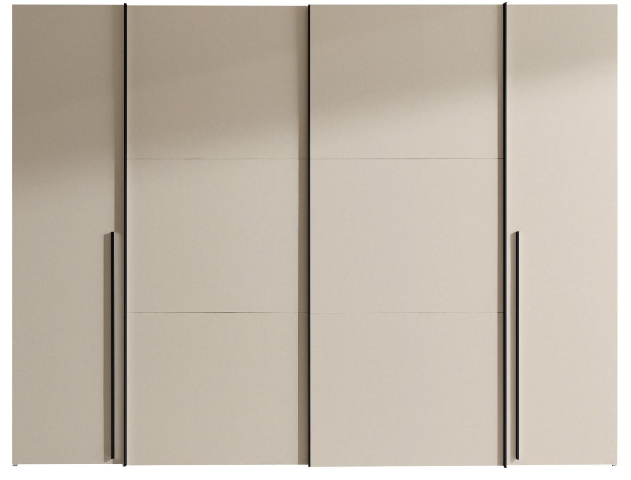 Großer, moderner Kleiderschrank in Beige mit glatten Fronten, schwarzen vertikalen Griffleisten und schmalen schwarzen Rahmenlinien, frontal von vorne aufgenommen.