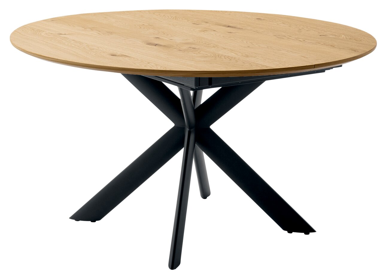 Runder Esstisch Venjakob ET612 mit Holzplatte und schwarzem Metallgestell, seitliche Perspektive