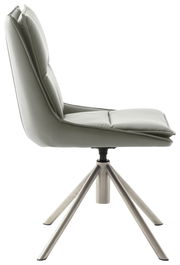 Moderner Stuhl mit gepolsterter Sitzfläche und Rückenlehne, seitliche Perspektive, auf einem stabilen Metallgestell.