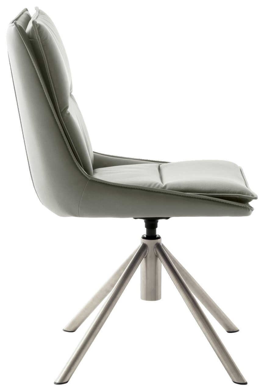 Moderner Stuhl mit gepolsterter Sitzfläche und Rückenlehne, seitliche Perspektive, auf einem stabilen Metallgestell.