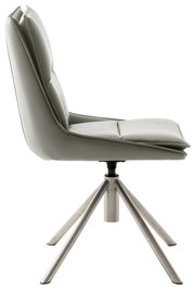 Moderner Stuhl mit gepolsterter Sitzfläche und Rückenlehne, seitliche Perspektive, auf einem stabilen Metallgestell.