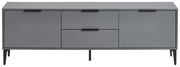 Graues TV-Lowboard mit zwei Türen und zwei Schubladen, frontale Ansicht
