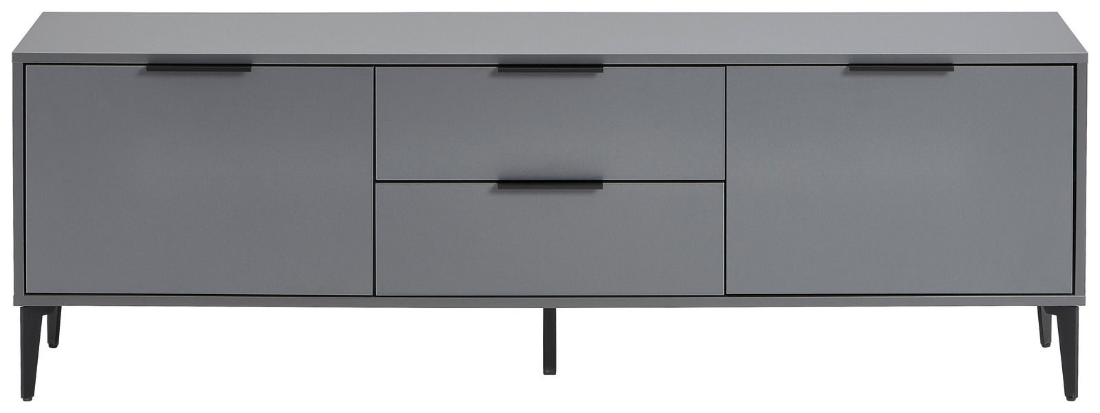 Graues TV-Lowboard mit zwei Türen und zwei Schubladen, frontale Ansicht