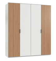 Moderner 4-türiger Drehtürenschrank mit weißen und holzfarbenen Fronten, Frontalansicht
