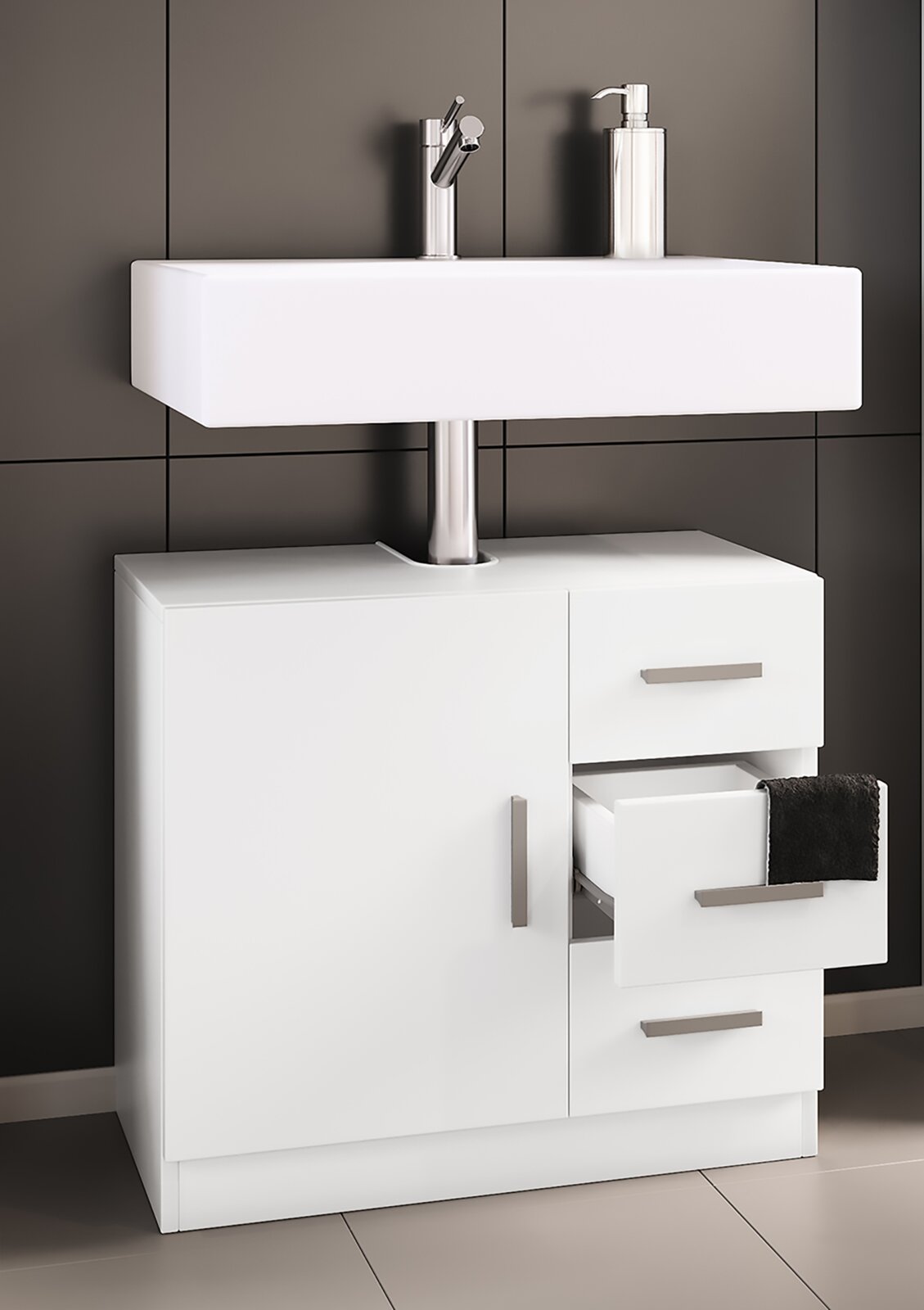 Modernes weißes Badezimmer-Waschtischset mit rechteckigem Aufsatzwaschbecken, Unterschrank mit Schubladen und Chrom-Armatur, frontale leicht seitliche Perspektive.