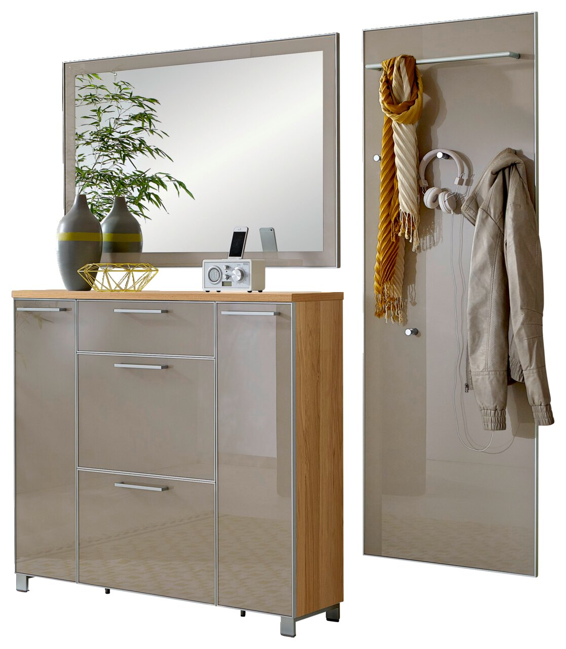 Garderoben-Set 3-tlg. mit Spiegel, Schrank und Wandpaneel, Frontansicht