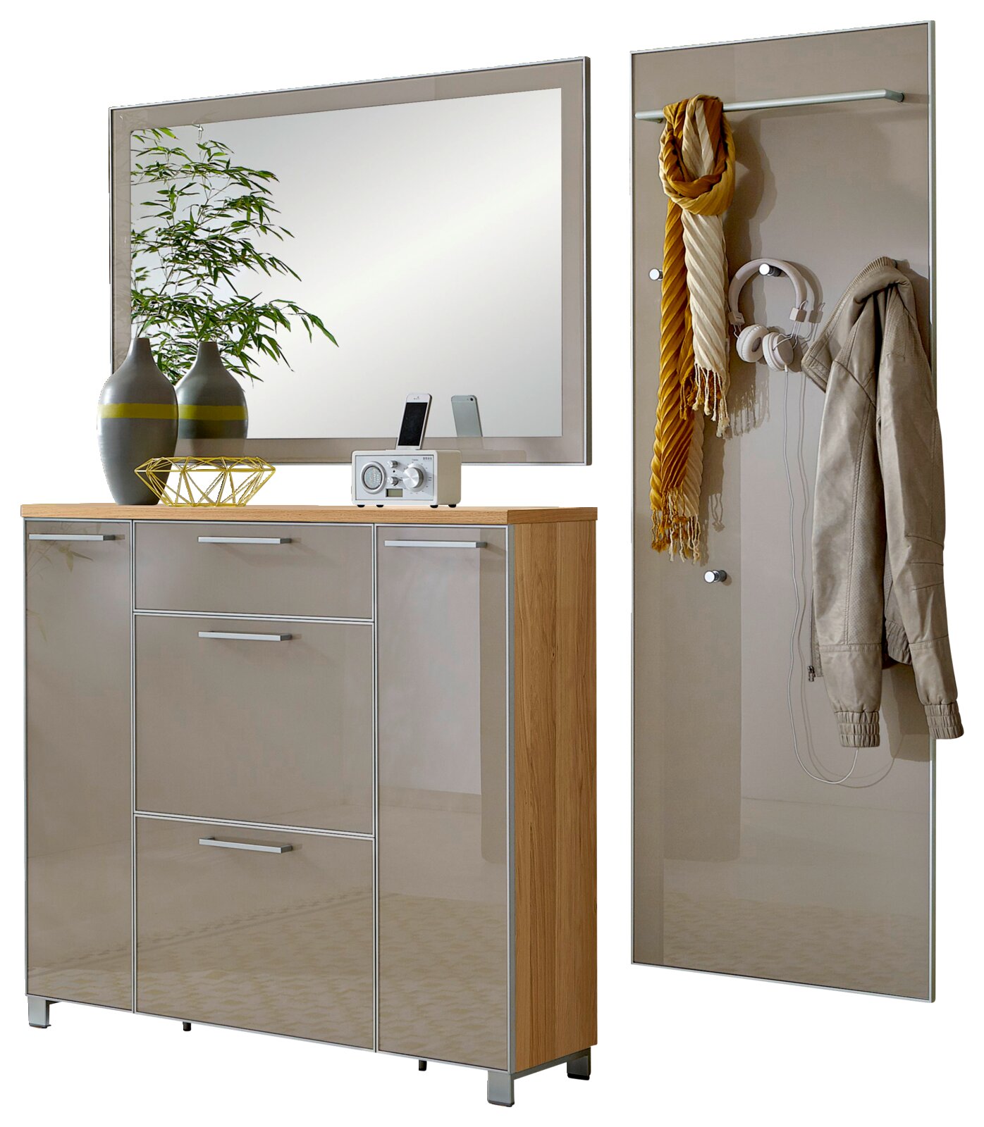 Garderoben-Set 3-tlg. mit Spiegel, Schrank und Wandpaneel, Frontansicht