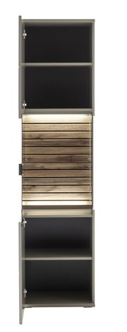 Vitrine mit geöffneter Tür, Holzoptik und integrierter Beleuchtung, Frontalansicht