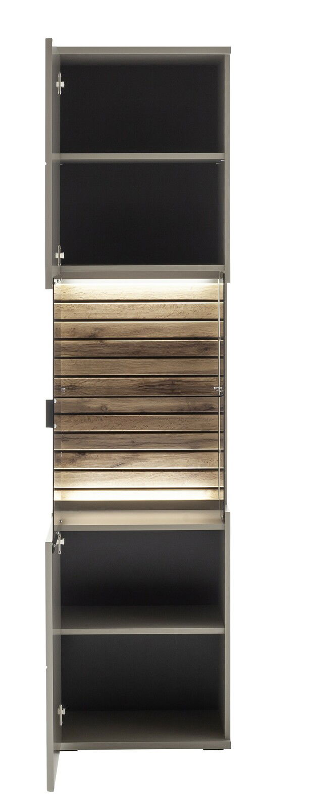 Vitrine mit geöffneter Tür, Holzoptik und integrierter Beleuchtung, Frontalansicht