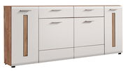 Modernes Sideboard in Weiß mit Holzdetails, frontal abgebildet