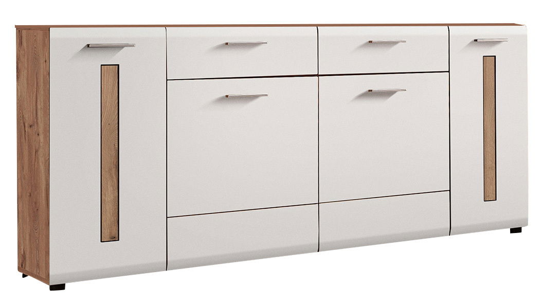 Modernes Sideboard in Weiß mit Holzdetails, frontal abgebildet
