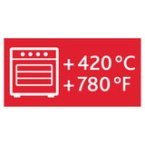 Rotes Symbol mit einem Ofen und den Temperaturangaben +420°C und +780°F, Vorderansicht