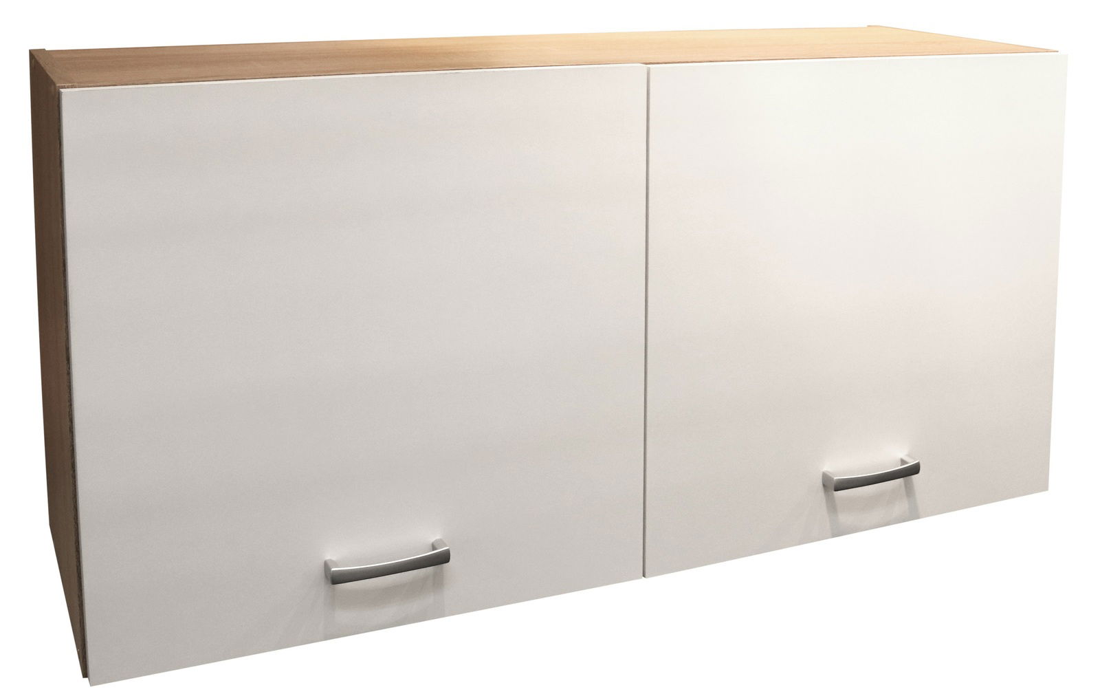 Moderner Hängeschrank mit zwei weißen Türen und Holzoberfläche, Frontansicht