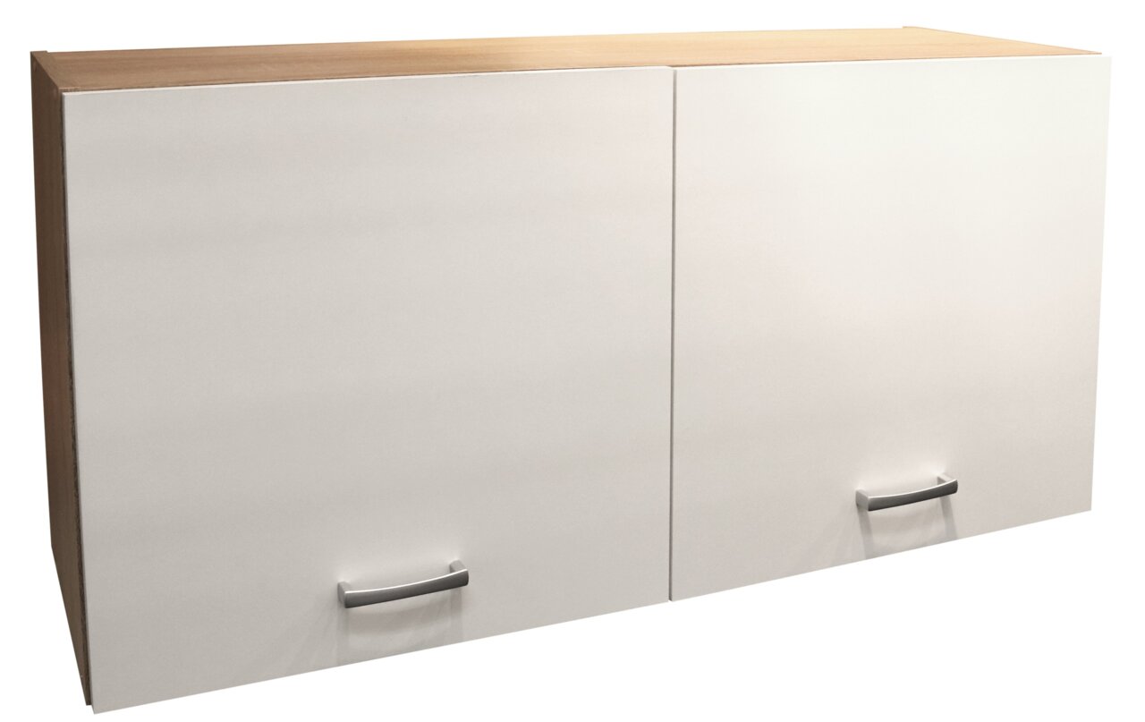 Moderner Hängeschrank mit zwei weißen Türen und Holzoberfläche, Frontansicht