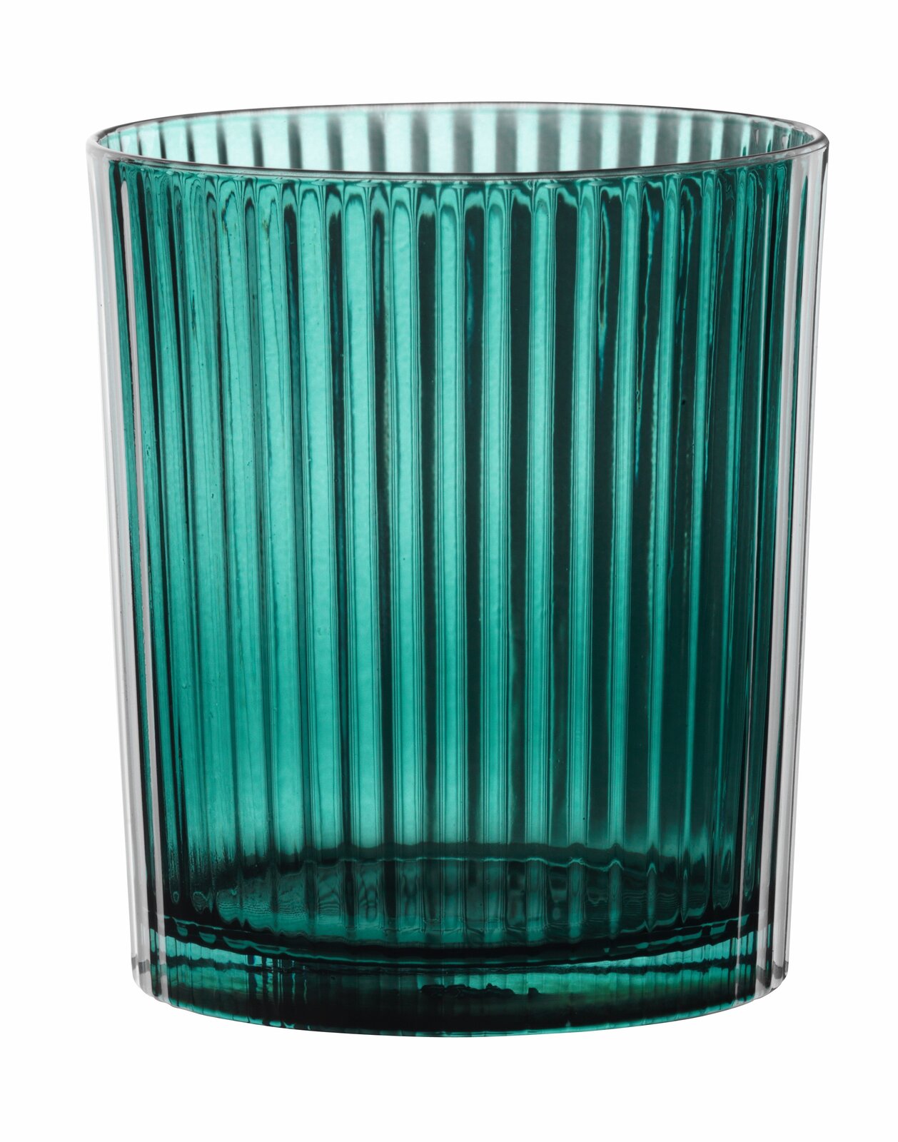 Nahaufnahme eines gerippten, türkisfarbenen Trinkglases aus Glas, frontal betrachtet.