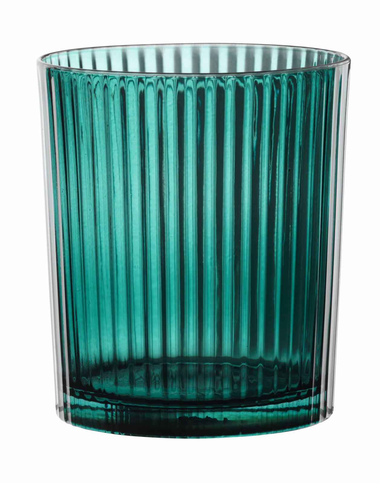Nahaufnahme eines gerippten, türkisfarbenen Trinkglases aus Glas, frontal betrachtet.