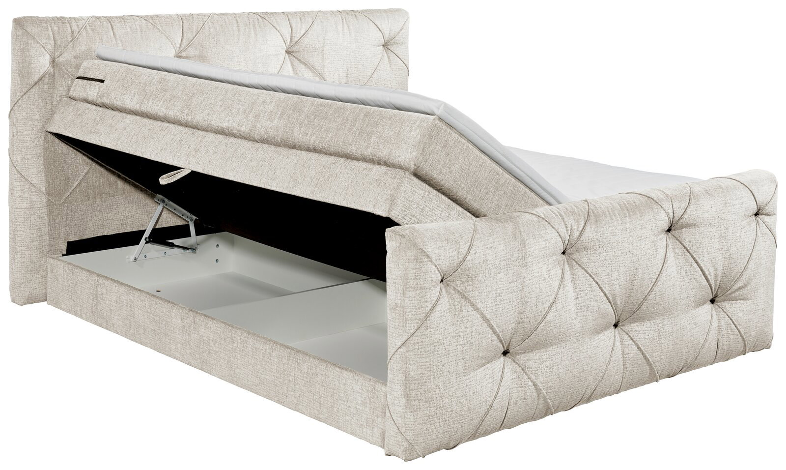 Boxspringbett mit geöffnetem Bettkasten, seitliche Perspektive