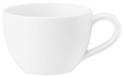Weiße Espressotasse mit Henkel, seitliche Ansicht