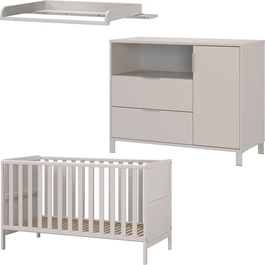 Babyzimmer 3-teilig bestehend aus einem Gitterbett, einer Wickelauflage und einer Kommode, seitliche Perspektive