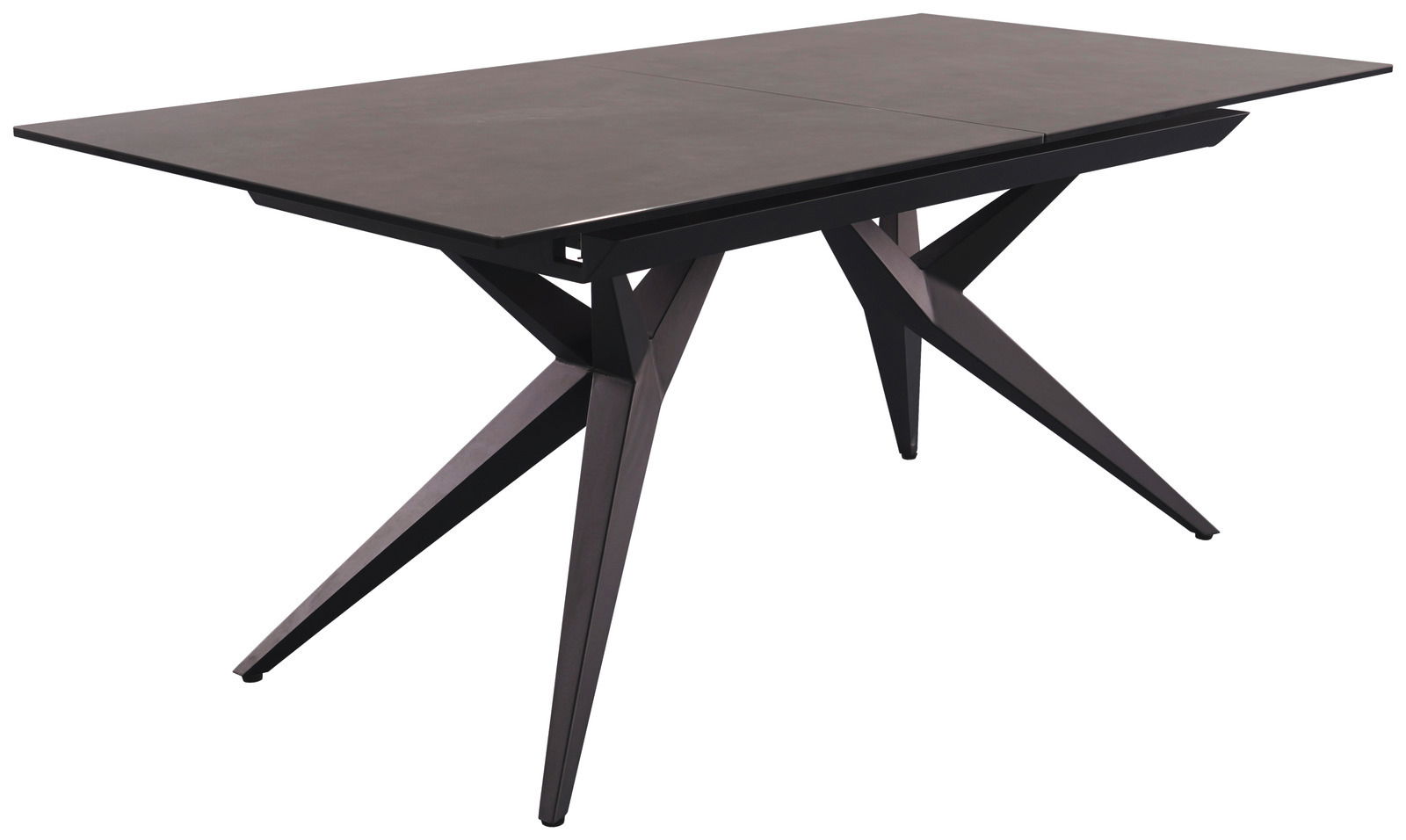 Moderner Esstisch mit schwarzer Tischplatte und geometrischen Beinen, seitliche Perspektive