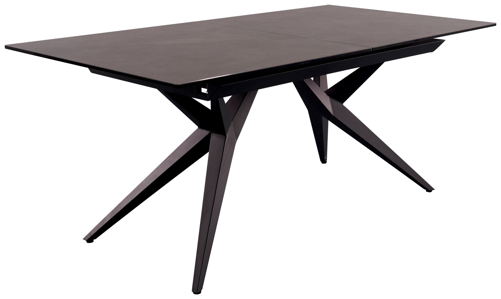 Moderner Esstisch mit schwarzer Tischplatte und geometrischen Beinen, seitliche Perspektive