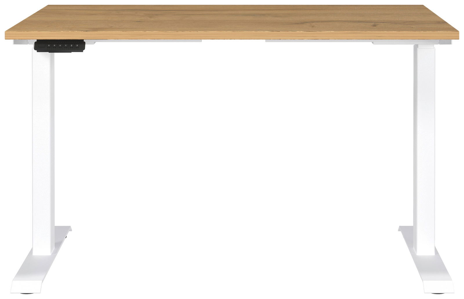 Elektrisch höhenverstellbarer Schreibtisch mit Holzplatte und weißen Metallbeinen, Frontalansicht