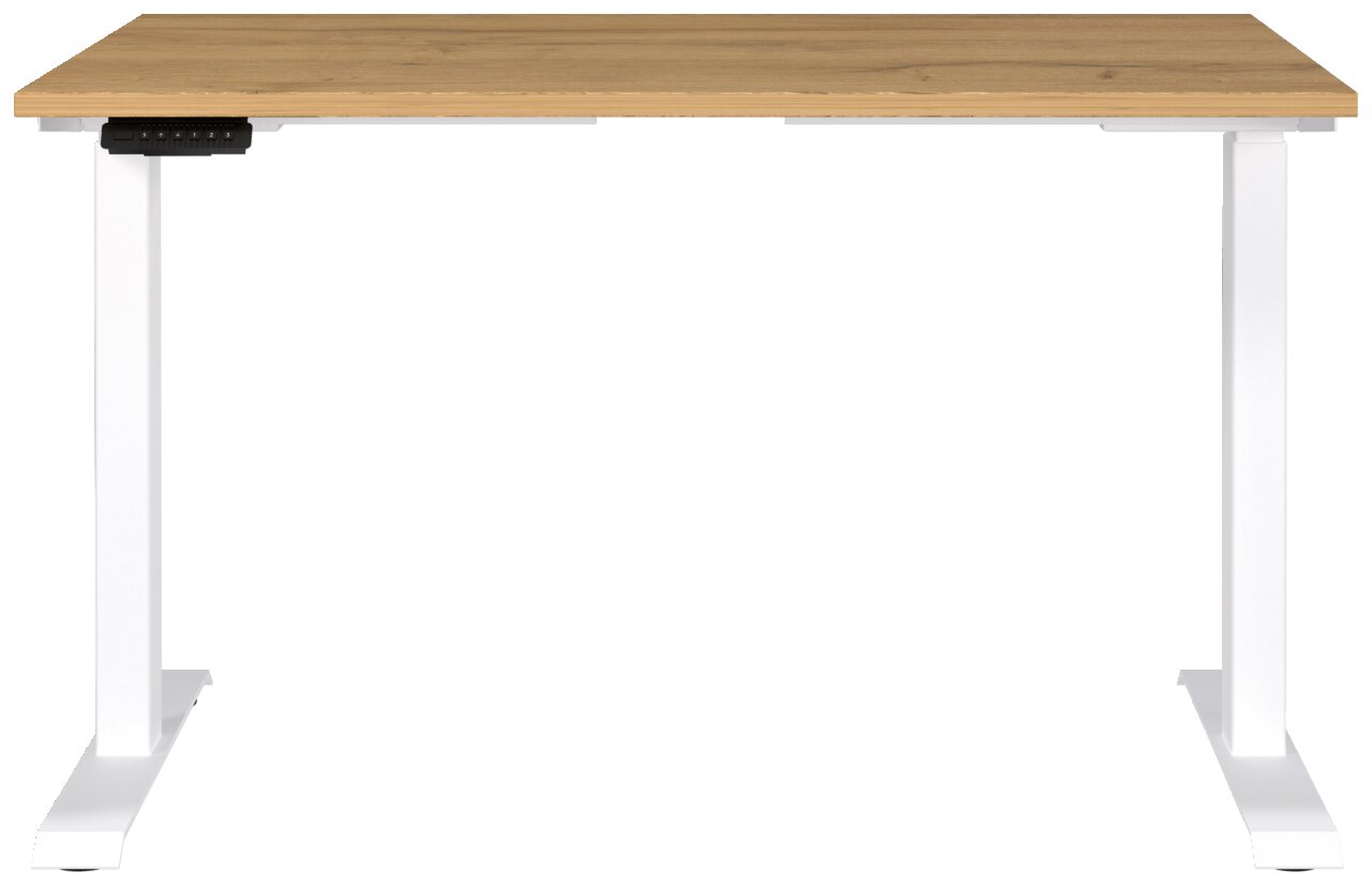 Elektrisch höhenverstellbarer Schreibtisch mit Holzplatte und weißen Metallbeinen, Frontalansicht