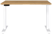 Elektrisch höhenverstellbarer Schreibtisch mit Holzplatte und weißen Metallbeinen, Frontalansicht