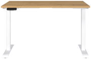 Elektrisch höhenverstellbarer Schreibtisch mit Holzplatte und weißen Metallbeinen, Frontalansicht