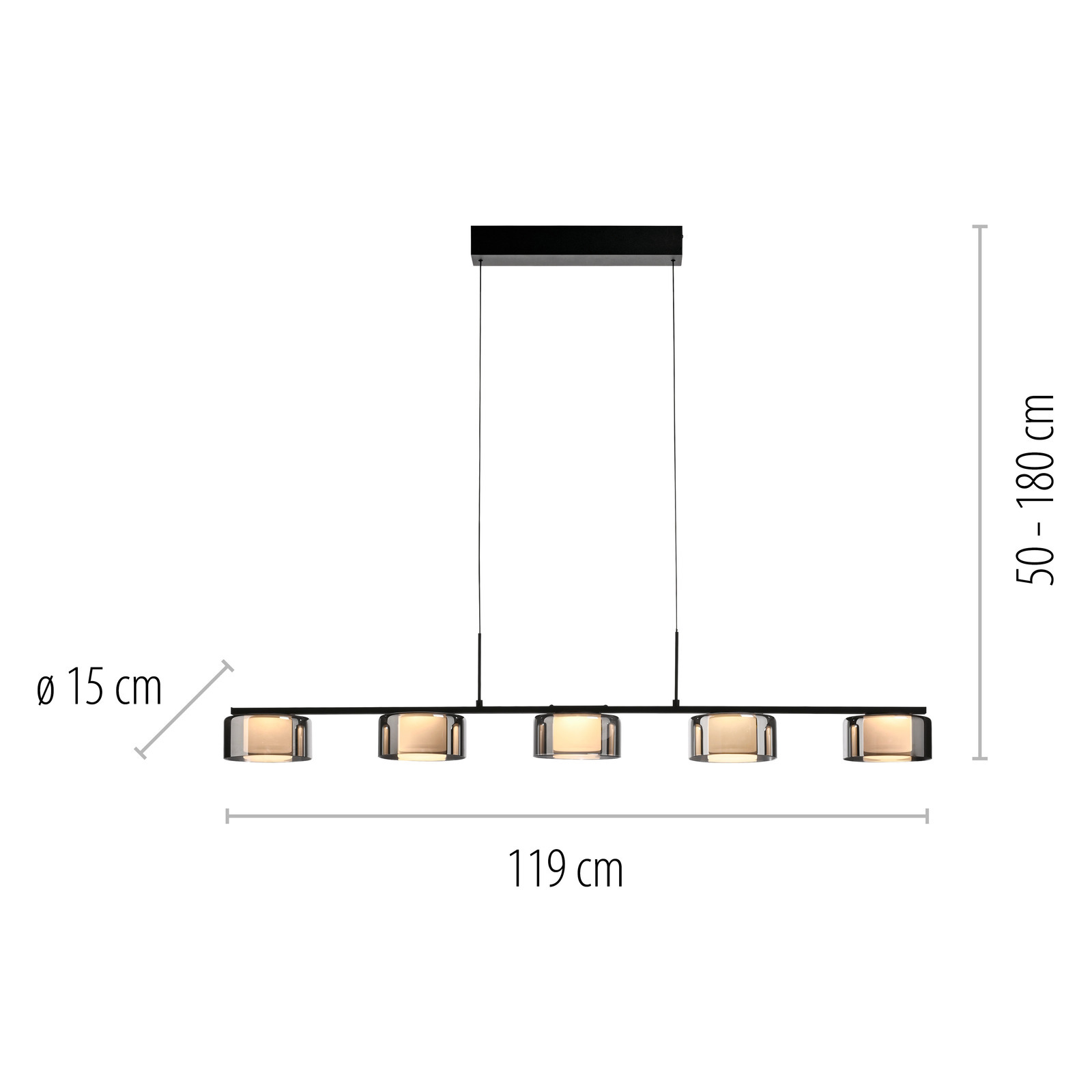 Moderne Pendelleuchte RIKA mit fünf Leuchtkörpern in einer Reihe, schwarze Aufhängung, Maße: 119 cm Länge, 15 cm Durchmesser, höhenverstellbar von 50 bis 180 cm, seitliche Perspektive.
