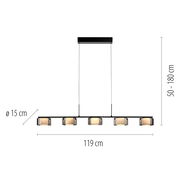 Moderne Pendelleuchte RIKA mit fünf Leuchtkörpern in einer Reihe, schwarze Aufhängung, Maße: 119 cm Länge, 15 cm Durchmesser, höhenverstellbar von 50 bis 180 cm, seitliche Perspektive.