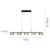 Moderne Pendelleuchte RIKA mit fünf Leuchtkörpern in einer Reihe, schwarze Aufhängung, Maße: 119 cm Länge, 15 cm Durchmesser, höhenverstellbar von 50 bis 180 cm, seitliche Perspektive.