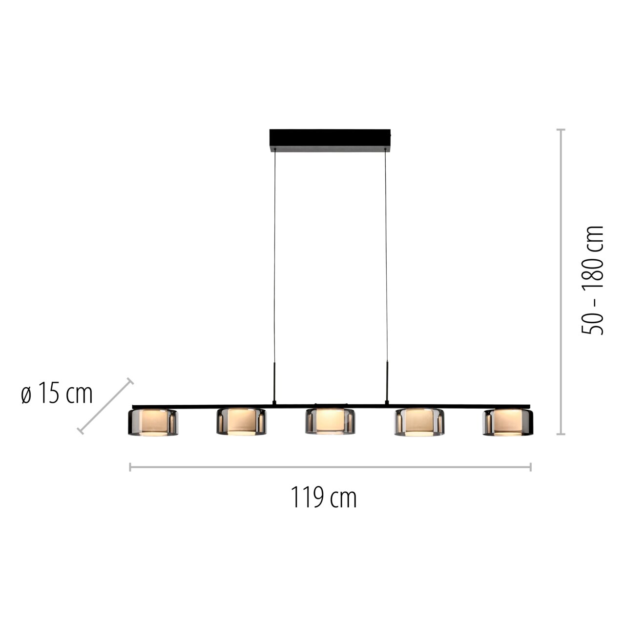 Moderne Pendelleuchte RIKA mit fünf Leuchtkörpern in einer Reihe, schwarze Aufhängung, Maße: 119 cm Länge, 15 cm Durchmesser, höhenverstellbar von 50 bis 180 cm, seitliche Perspektive.