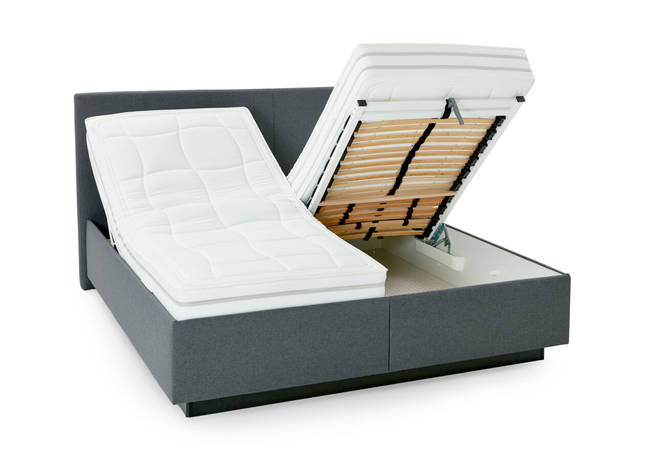 Polsterbett mit hochgeklappter Matratze und Lattenrost, seitliche Perspektive