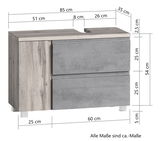 Waschbeckenunterschrank in Holzoptik mit grauen Schubladen, Frontansicht