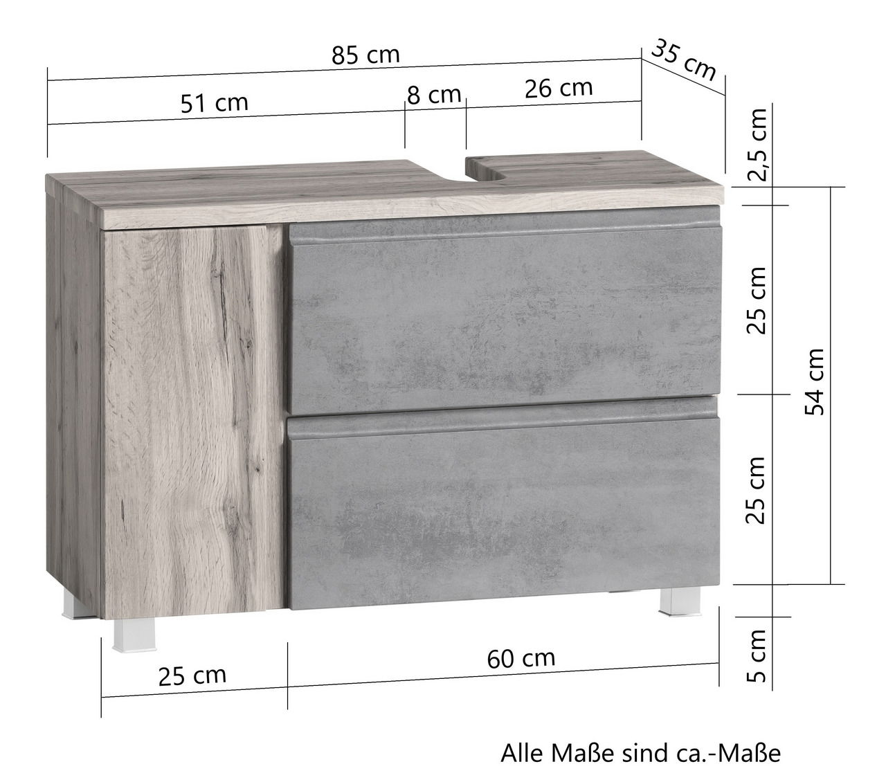 Waschbeckenunterschrank in Holzoptik mit grauen Schubladen, Frontansicht