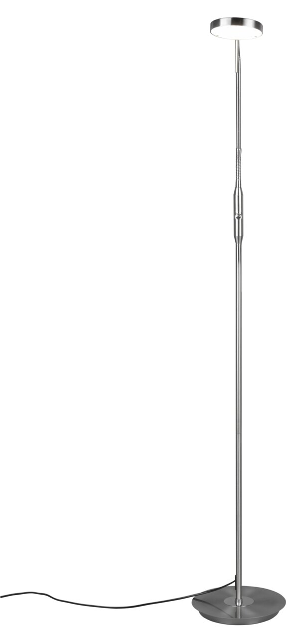 Stehleuchte mit schlankem, modernem Design, silberfarben, mit rundem Lampenschirm und stabilem Standfuß, seitliche Perspektive
