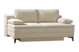 Beige Querschläfer-Sofa mit zwei Rückenkissen und Armlehnen, seitliche Perspektive