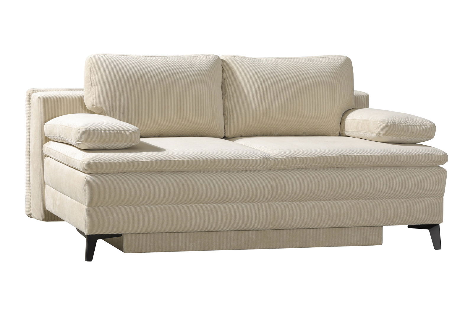 Novel Schlafsofa CHARLIZE Beige Querschläfer-Sofa mit zwei Rückenkissen und Armlehnen, seitliche Perspektive