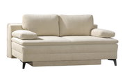 Beige Querschläfer-Sofa mit zwei Rückenkissen und Armlehnen, seitliche Perspektive