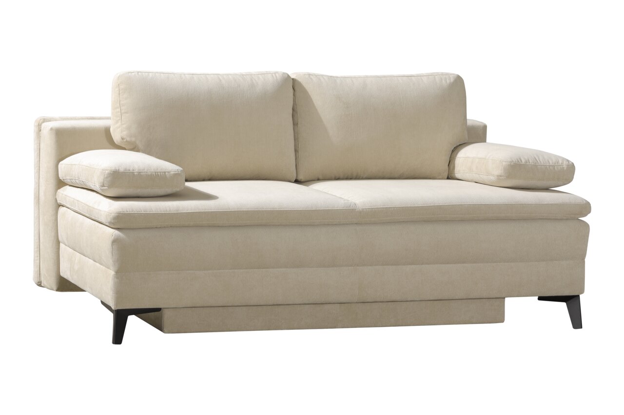 Beige hoekbank met twee rugkussens en armleuningen, zijaanzicht