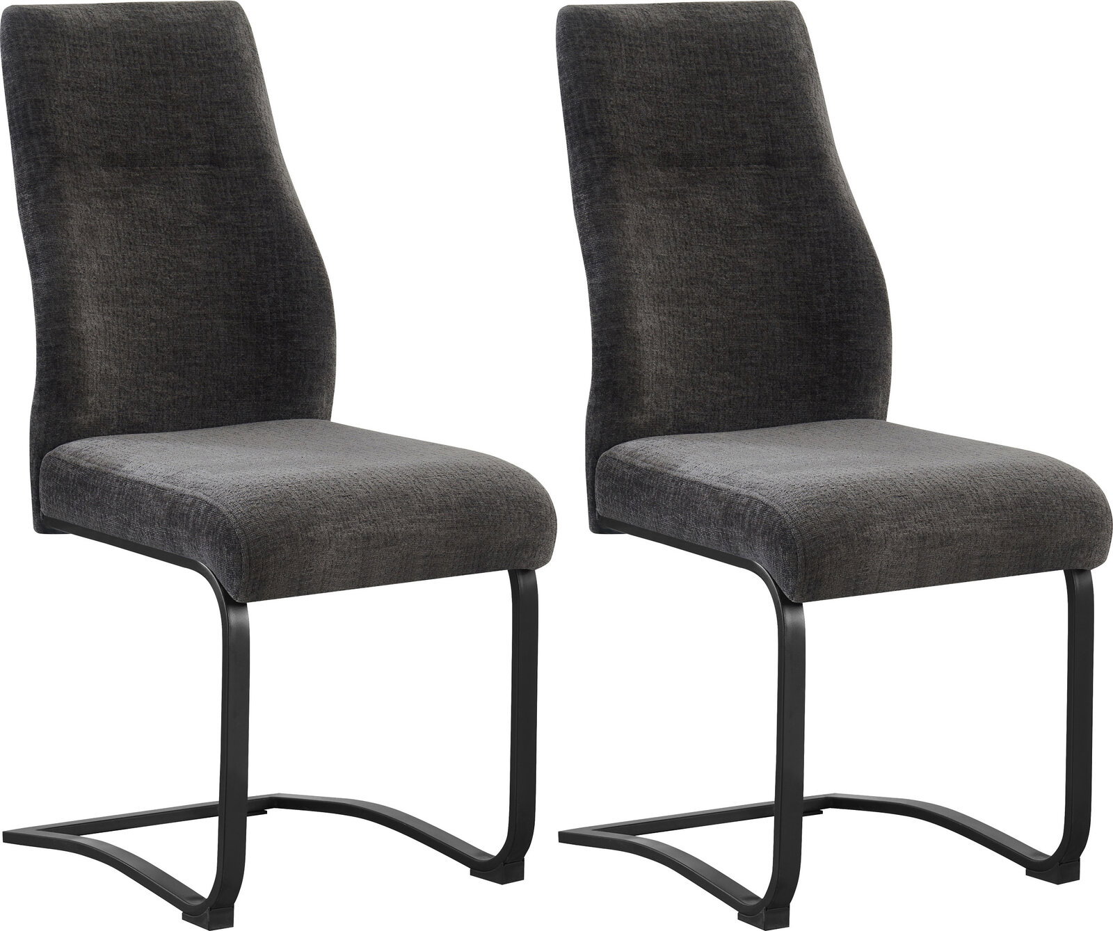 Zwei moderne Freischwinger-Esszimmerstühle mit dunkelgrauem Stoffbezug und schwarzem Metallgestell, schräg von vorne in leichter Seitenansicht auf weißem Hintergrund