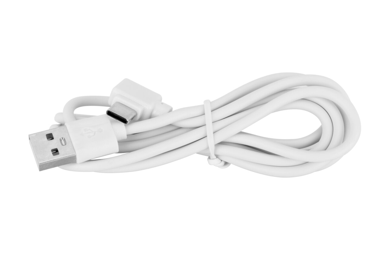 Weißes USB-Kabel mit USB-A und USB-C Anschlüssen, seitliche Ansicht