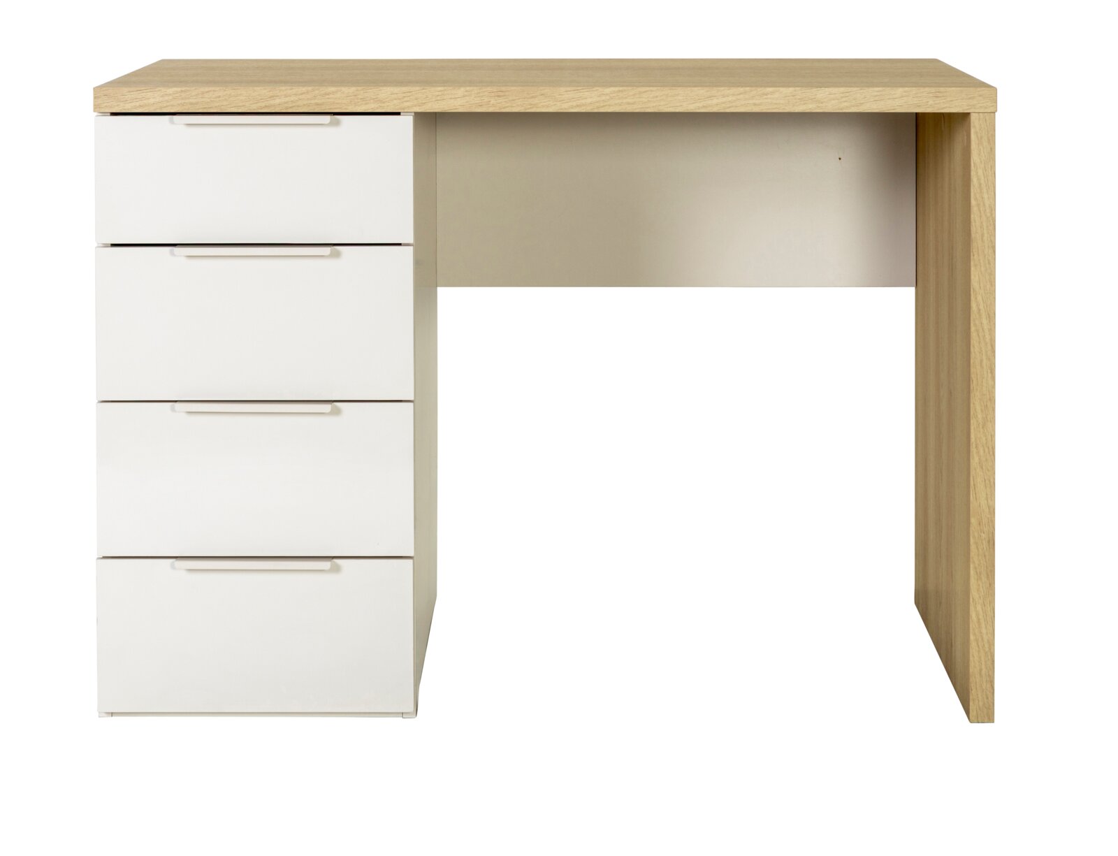 Moderner Schreibtisch in Weiß und Eiche-Optik mit vier Schubladen links und offenem Beinraum rechts, Frontansicht auf weißem Hintergrund.
